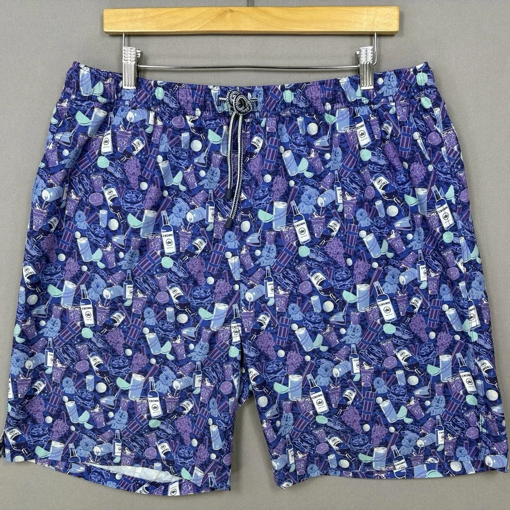 Peter Millar Seaside Performance Swim Trunks Mens XL AOP Purple Bottle Print EUC
